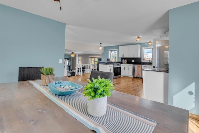 dining area featuring ceiling fan, sink, and light wood-type flooring