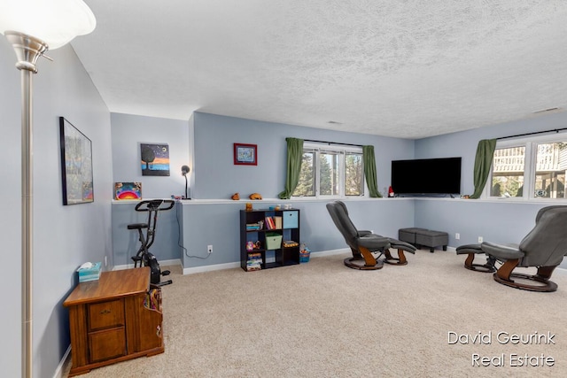 living area featuring a textured ceiling, baseboards, and carpet flooring