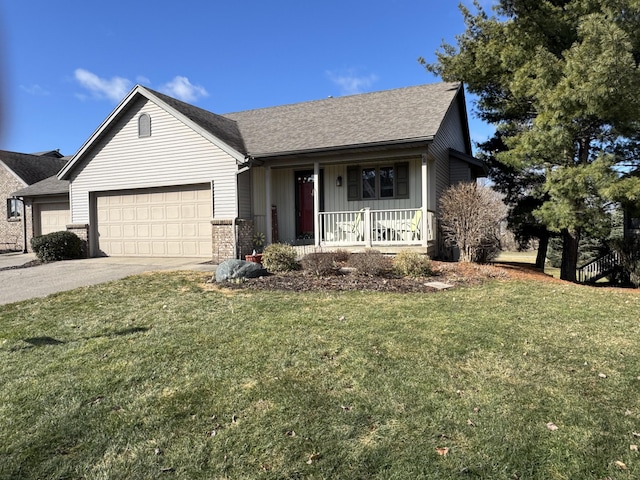 single story home featuring an attached garage, covered porch, a shingled roof, concrete driveway, and a front lawn