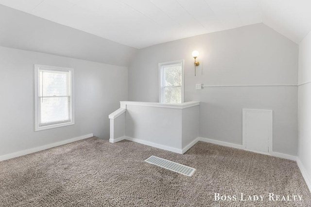 additional living space featuring vaulted ceiling and carpet flooring