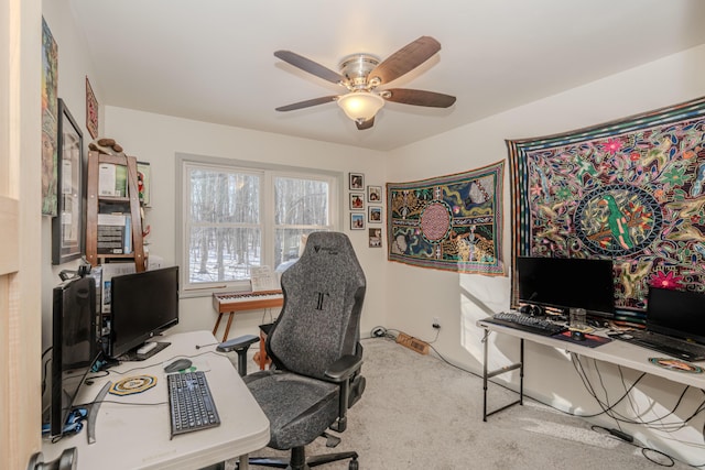 office featuring carpet floors and ceiling fan