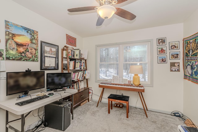 carpeted office with ceiling fan