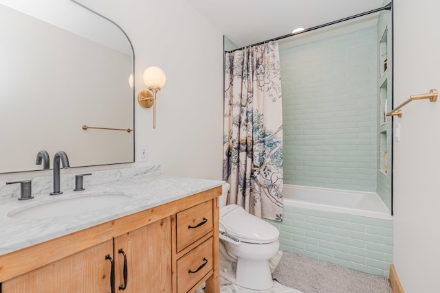 full bathroom with vanity, toilet, and shower / bathtub combination with curtain