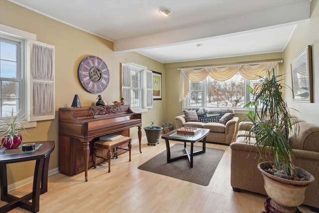 living room featuring beam ceiling and light hardwood / wood-style flooring