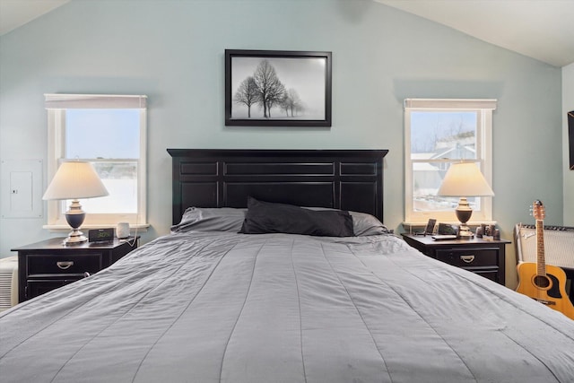 bedroom with lofted ceiling