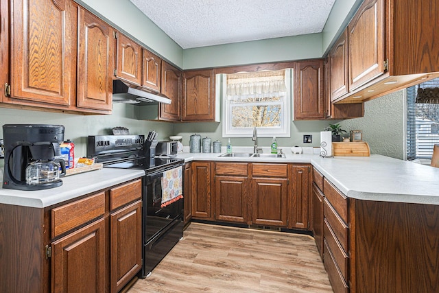 kitchen with sink, electric range, light hardwood / wood-style floors, a textured ceiling, and kitchen peninsula