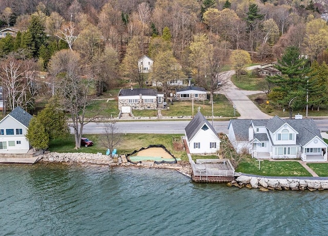 drone / aerial view featuring a water view