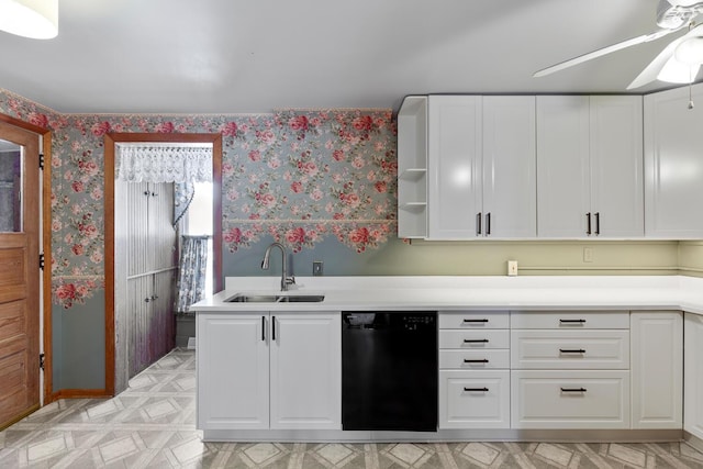 kitchen featuring white cabinetry, dishwasher, sink, and ceiling fan