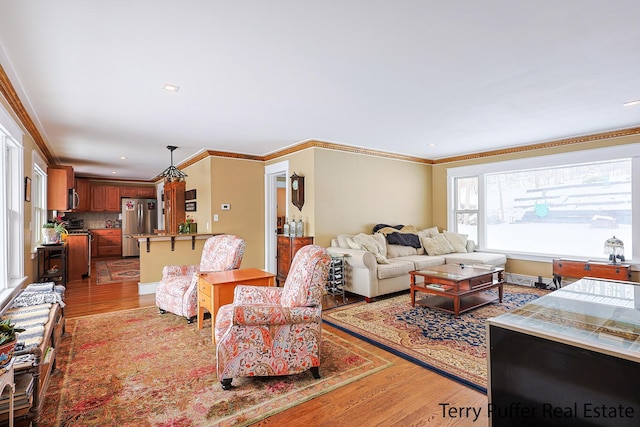 living room with ornamental molding and wood-type flooring