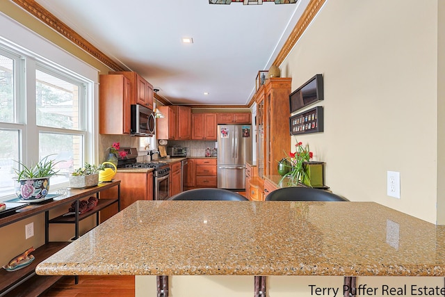 kitchen featuring stainless steel appliances, light stone countertops, a breakfast bar area, and kitchen peninsula