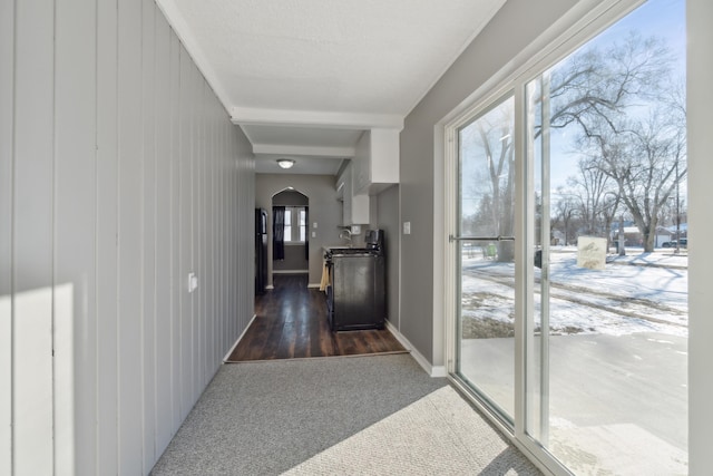 interior space featuring dark carpet and wood walls