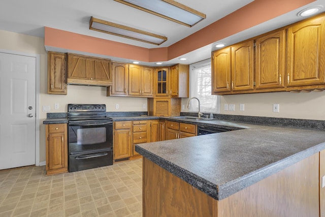 kitchen with sink, kitchen peninsula, black range with electric cooktop, and custom range hood