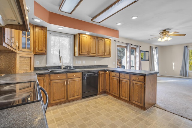 kitchen with sink, light carpet, kitchen peninsula, black dishwasher, and island exhaust hood