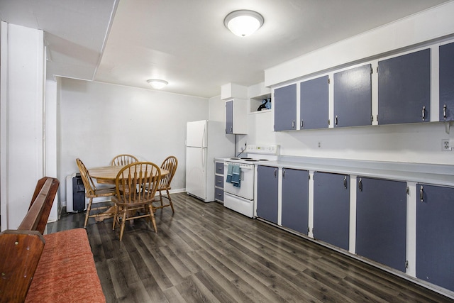 kitchen with blue cabinets, dark hardwood / wood-style flooring, and white appliances