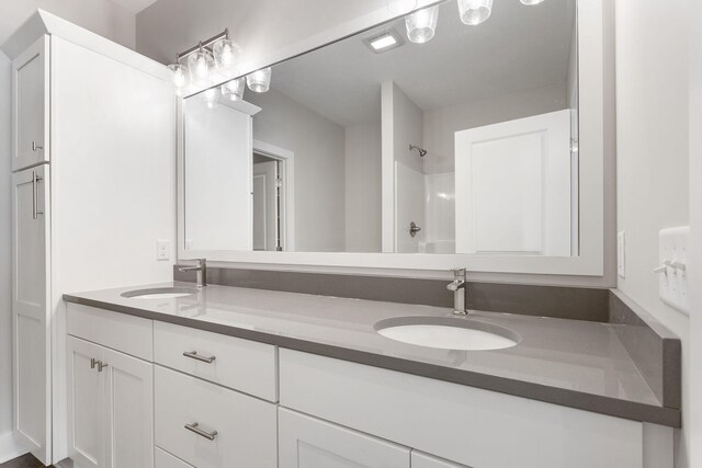 bathroom featuring a shower and vanity