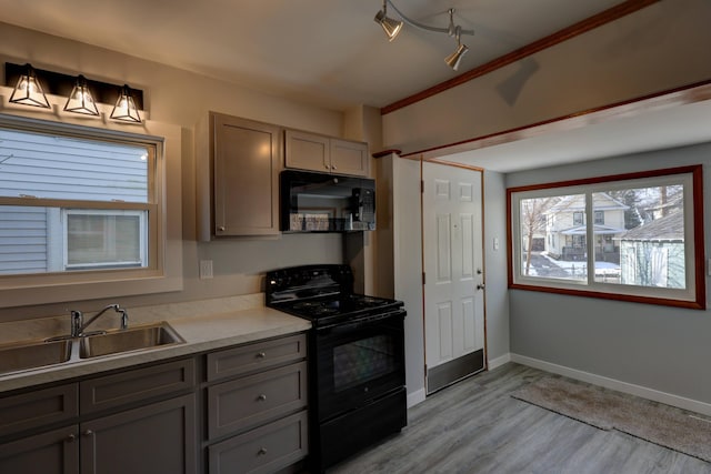 kitchen featuring sink, crown molding, light wood-type flooring, gray cabinets, and black appliances