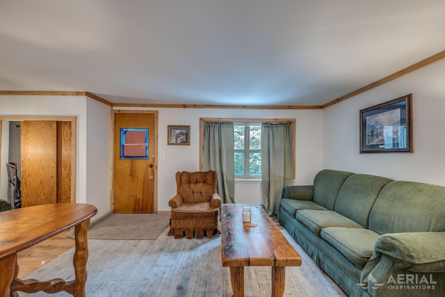 living room with light hardwood / wood-style flooring and ornamental molding