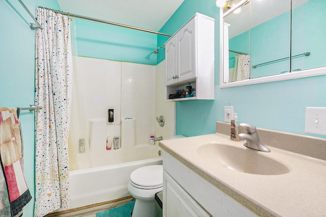 full bathroom with vanity, wood-type flooring, shower / tub combo, and toilet