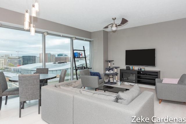 living room with ceiling fan