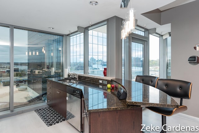 kitchen featuring a wall of windows, dishwasher, sink, and a wealth of natural light