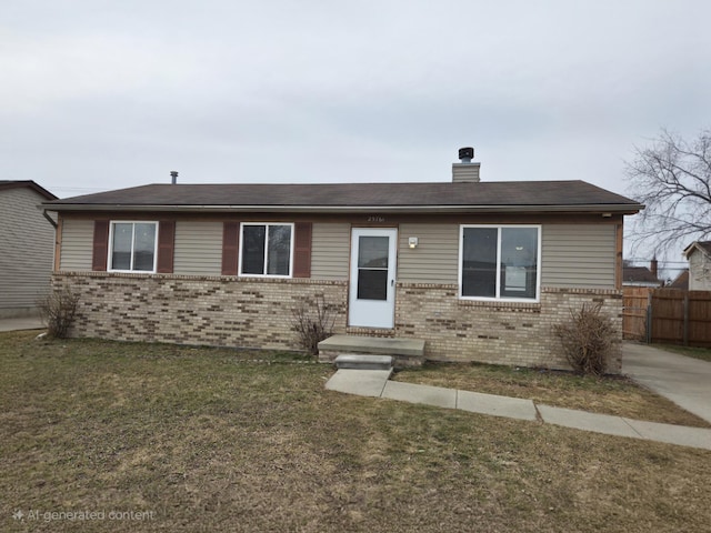 single story home with a chimney, fence, a front lawn, and brick siding