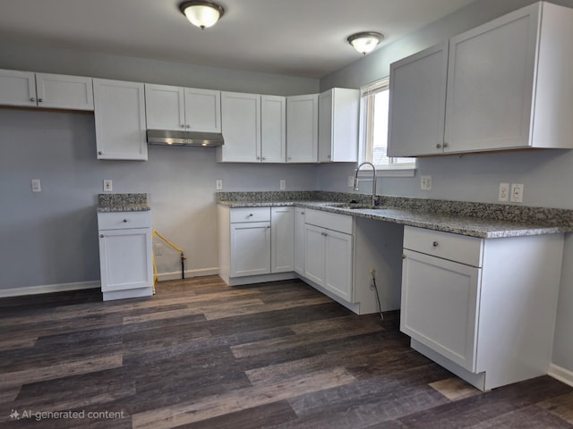 kitchen featuring white cabinetry, dark wood-type flooring, under cabinet range hood, and a sink