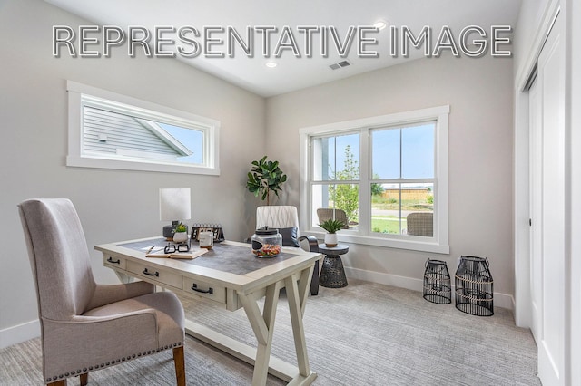 view of carpeted home office