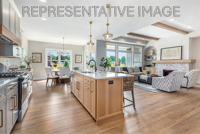 kitchen featuring sink, light hardwood / wood-style flooring, appliances with stainless steel finishes, an island with sink, and decorative light fixtures