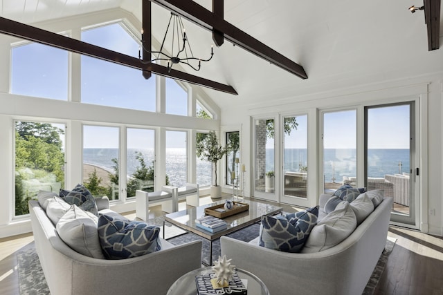 living area featuring beamed ceiling, a healthy amount of sunlight, and wood finished floors