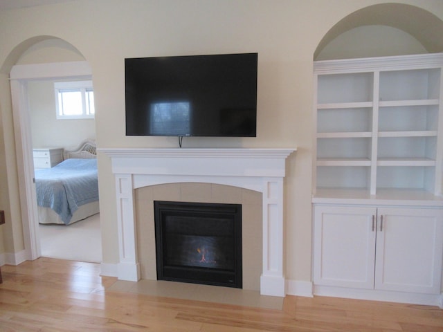 room details with a tile fireplace and wood finished floors