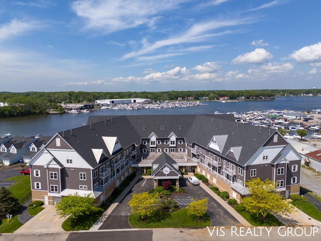 bird's eye view with a water view