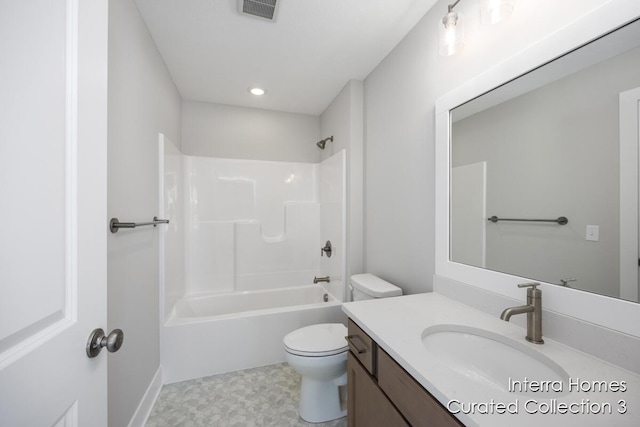 full bath featuring shower / bath combination, visible vents, toilet, vanity, and tile patterned floors