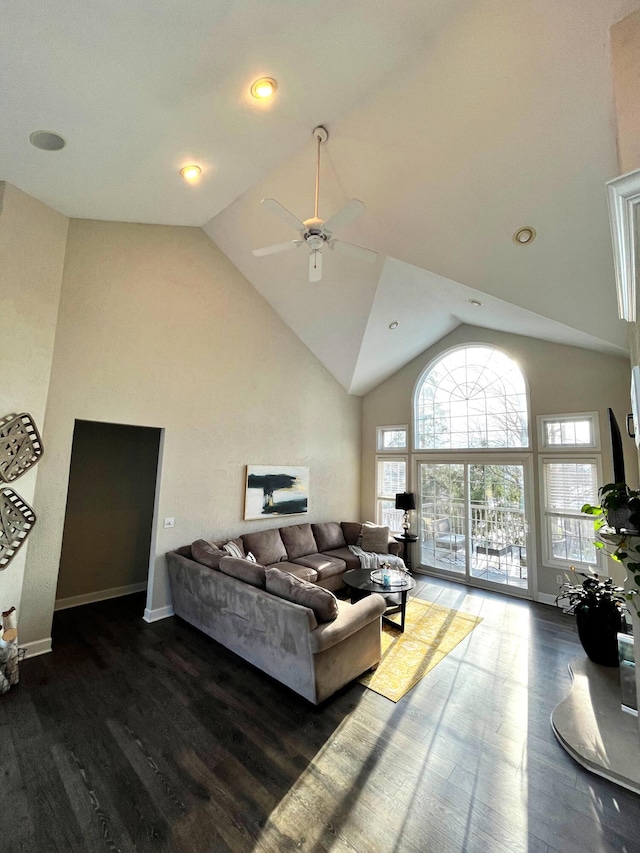 living room featuring dark hardwood / wood-style floors and high vaulted ceiling