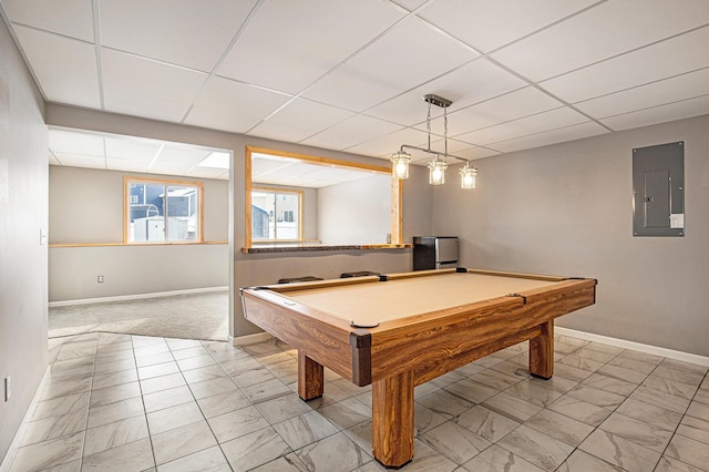 game room with a paneled ceiling, pool table, and electric panel