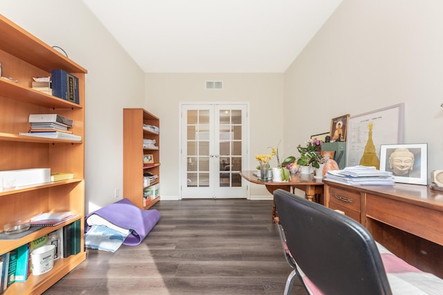 office featuring dark wood-type flooring and french doors