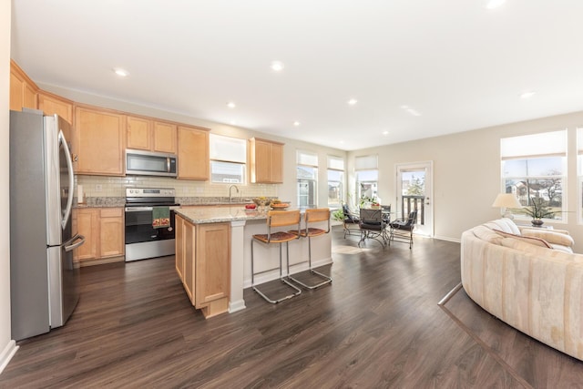 kitchen featuring light stone counters, decorative backsplash, dark hardwood / wood-style flooring, and stainless steel appliances