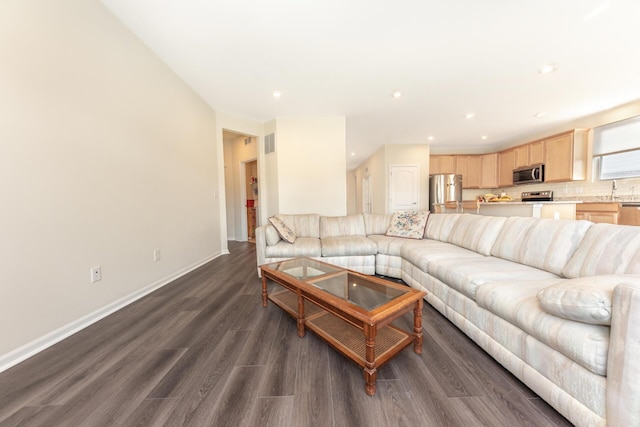 living room with dark hardwood / wood-style flooring and sink