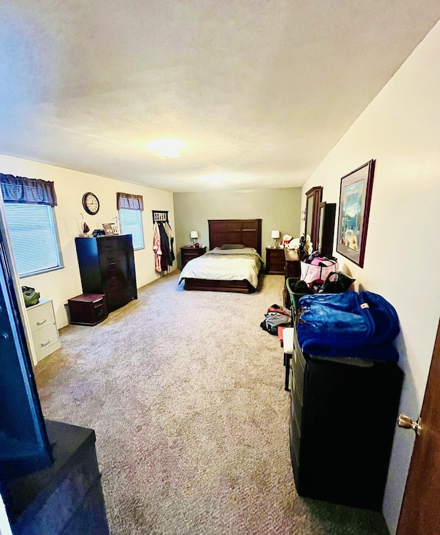 carpeted bedroom with a textured ceiling