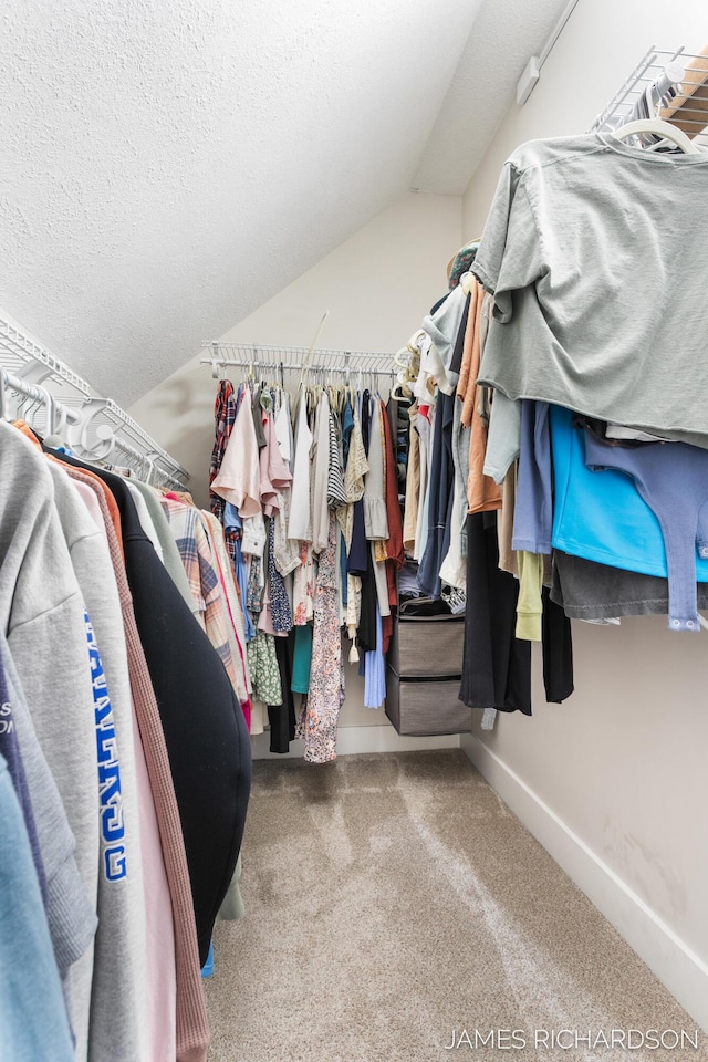 walk in closet with lofted ceiling and carpet flooring