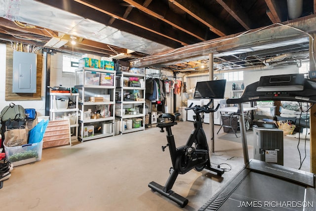 exercise room featuring electric panel and a healthy amount of sunlight