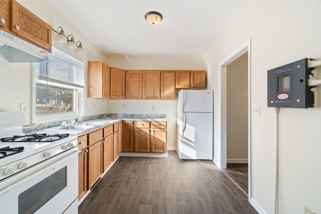 kitchen with dark wood-type flooring, white appliances, and sink