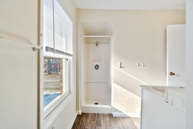 bathroom with hardwood / wood-style flooring and vanity