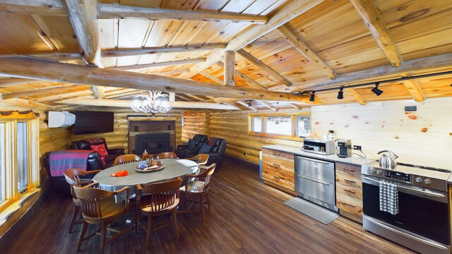 6919 E Free Soil Rd, Free Soil, MI 49411 - kitchen featuring log walls, dark wood-type flooring, wood ceiling, and vaulted ceiling with beams