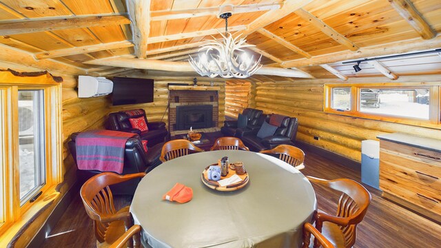 6919 E Free Soil Rd, Free Soil, MI 49411 - dining room featuring lofted ceiling with beams, wood finished floors, wood ceiling, and a chandelier