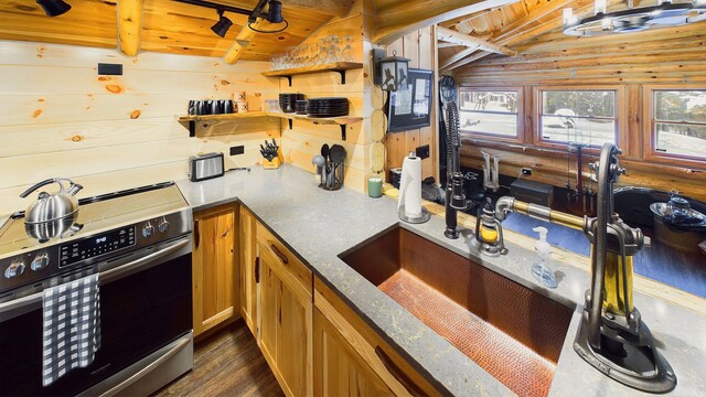 6919 E Free Soil Rd, Free Soil, MI 49411 - kitchen featuring open shelves, wood ceiling, stainless steel range with electric stovetop, log walls, and dark wood-style flooring