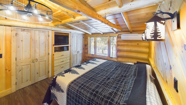 6919 E Free Soil Rd, Free Soil, MI 49411 - bedroom with a wall mounted air conditioner, lofted ceiling with beams, wood finished floors, log walls, and wood ceiling