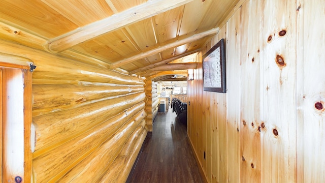 6919 E Free Soil Rd, Free Soil, MI 49411 - hallway featuring wood ceiling, vaulted ceiling with beams, and wood finished floors