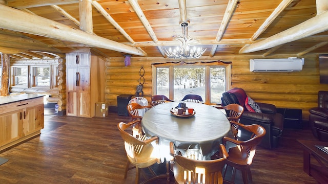 6919 E Free Soil Rd, Free Soil, MI 49411 - dining space featuring an inviting chandelier, an AC wall unit, dark wood-type flooring, and wooden ceiling