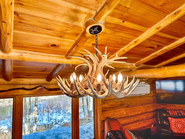6919 E Free Soil Rd, Free Soil, MI 49411 - interior details featuring an inviting chandelier, beamed ceiling, wood ceiling, and rustic walls