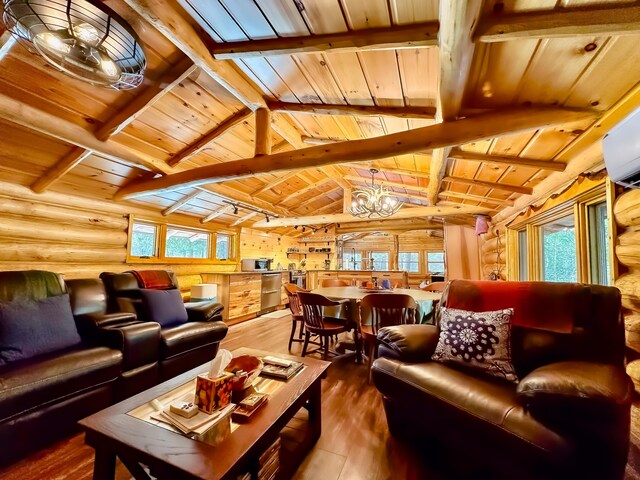 6919 E Free Soil Rd, Free Soil, MI 49411 - living area with log walls, plenty of natural light, and vaulted ceiling with beams